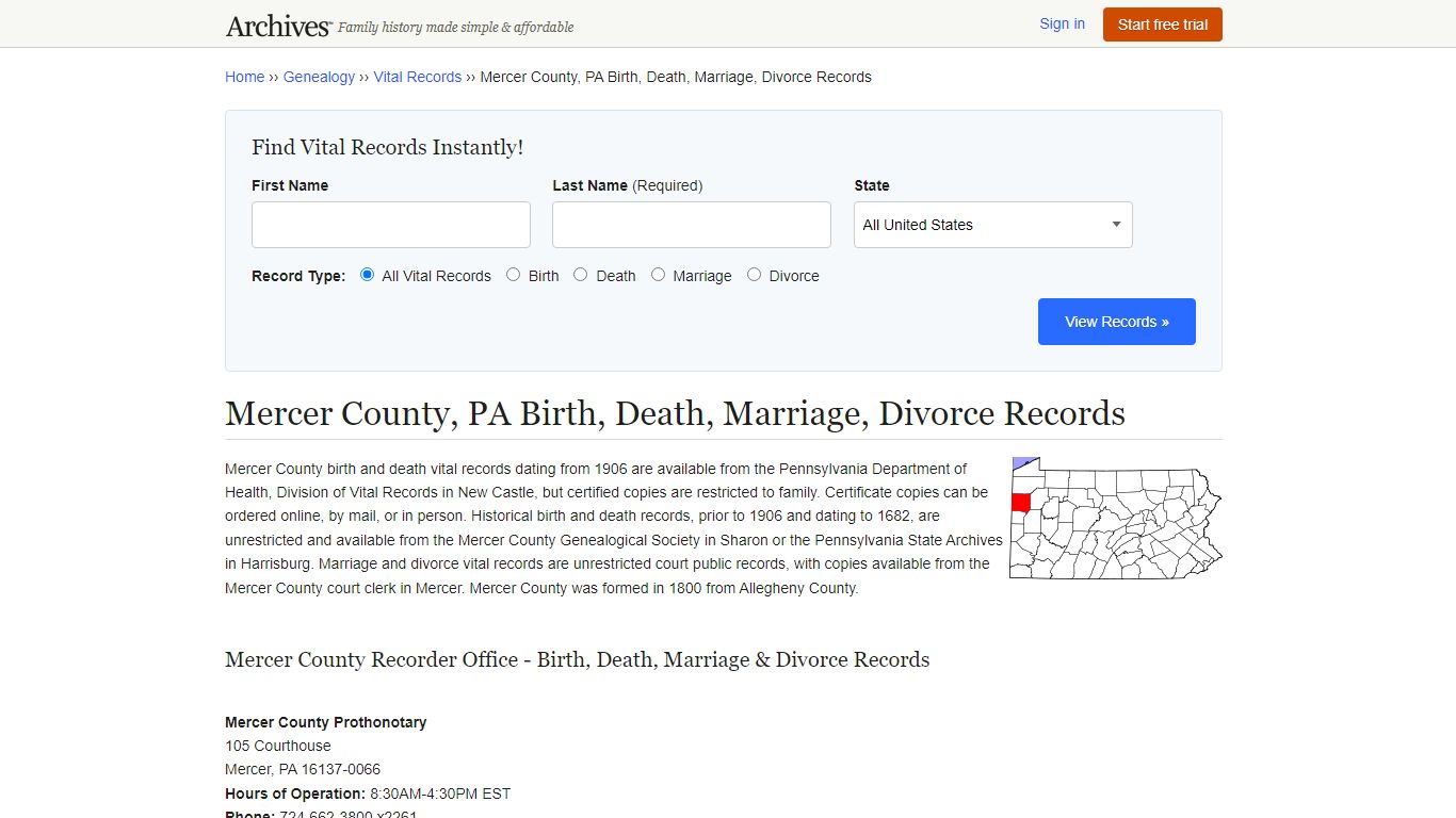 Mercer County, PA Birth, Death, Marriage, Divorce Records - Archives.com